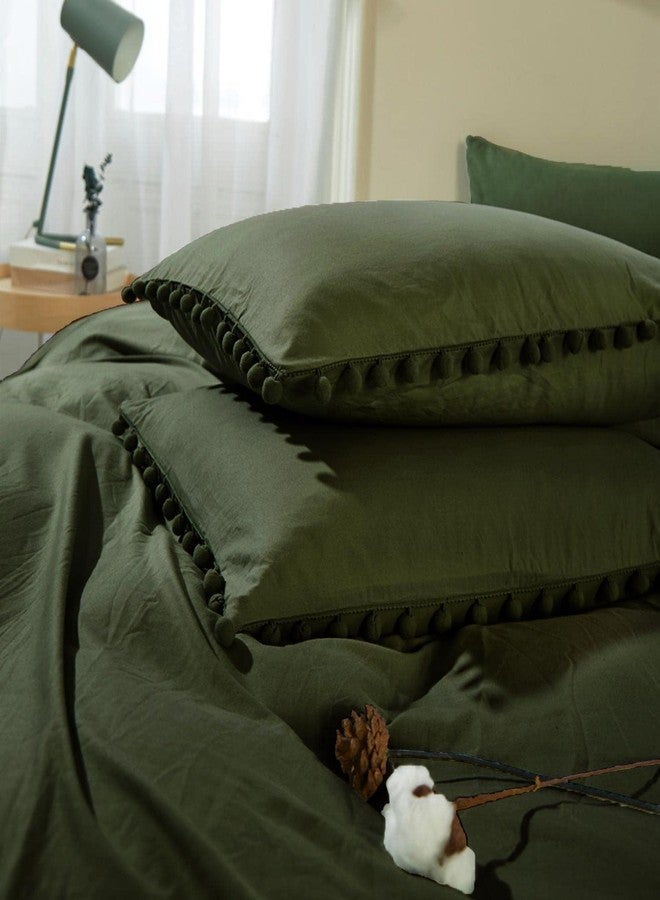 ETDIFFE Dark Olive Green Duvet Cover Queen Size, 3 Piece Boho Bohemian Farmhouse Pom Microfiber Bedding Comforter Cover Set, Soft and Lightweight Quilt Cover (90x90) - Image 3